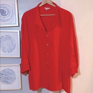 NWT John Mark Women’s Plus Size 3X Vivid Red Linen Embroidered Eyelet Sleeve Top